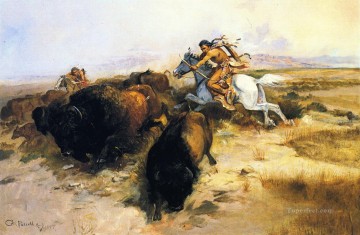 Amerikanischer Indianer Werke - Büffeljagd 1897 Charles Marion Russell Indianer